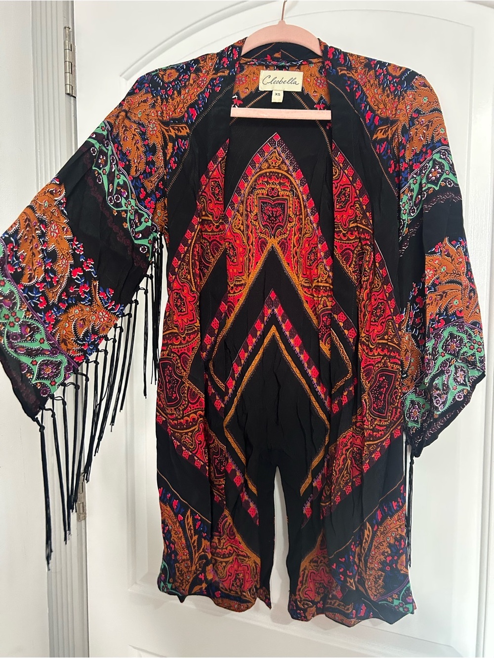 Cleobella Black Paisley Fringe Sleeve Kimono size XS boho chic festival 70s